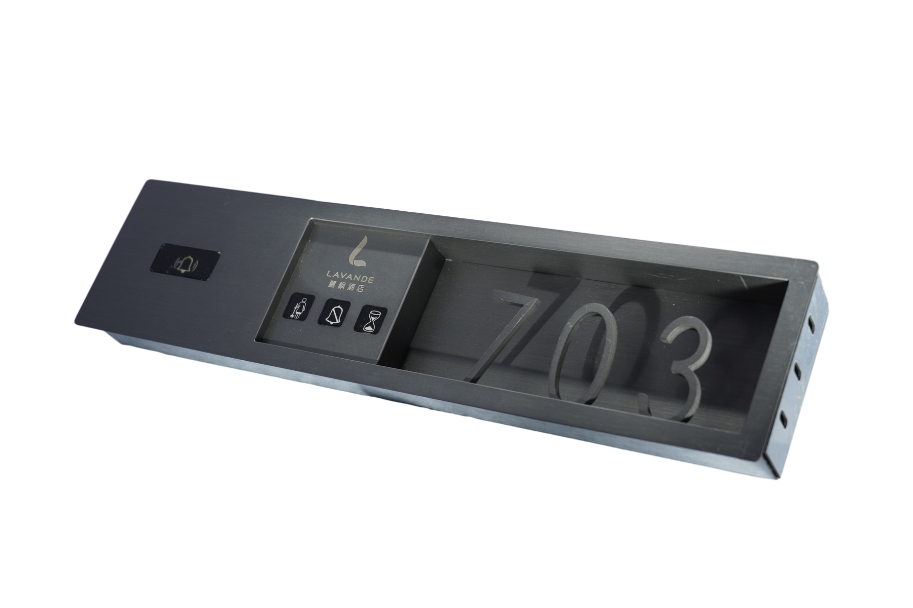 Angled brushed aluminum room signage project reference