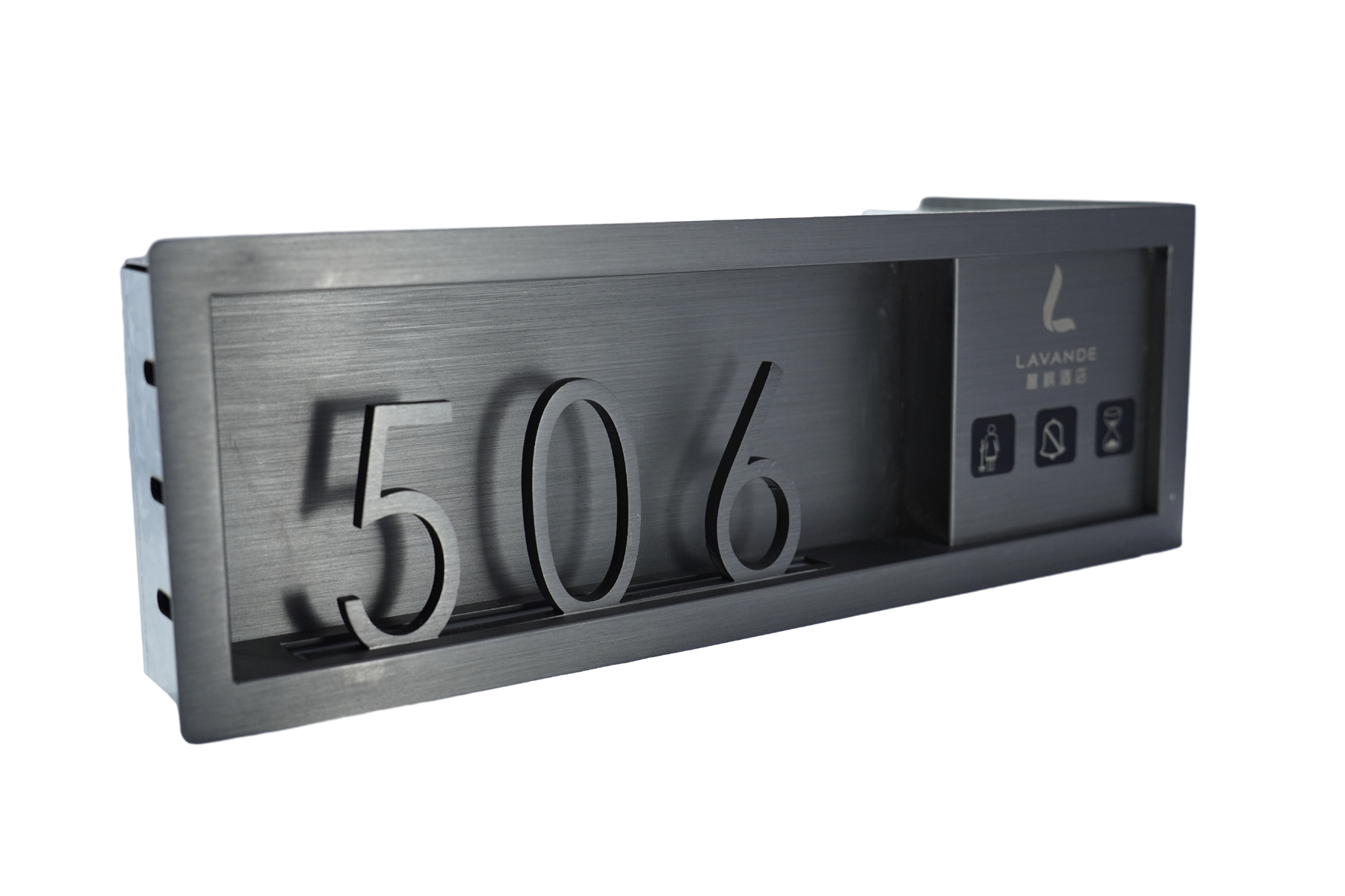 Angled brushed silver room display housing for hospitality projects